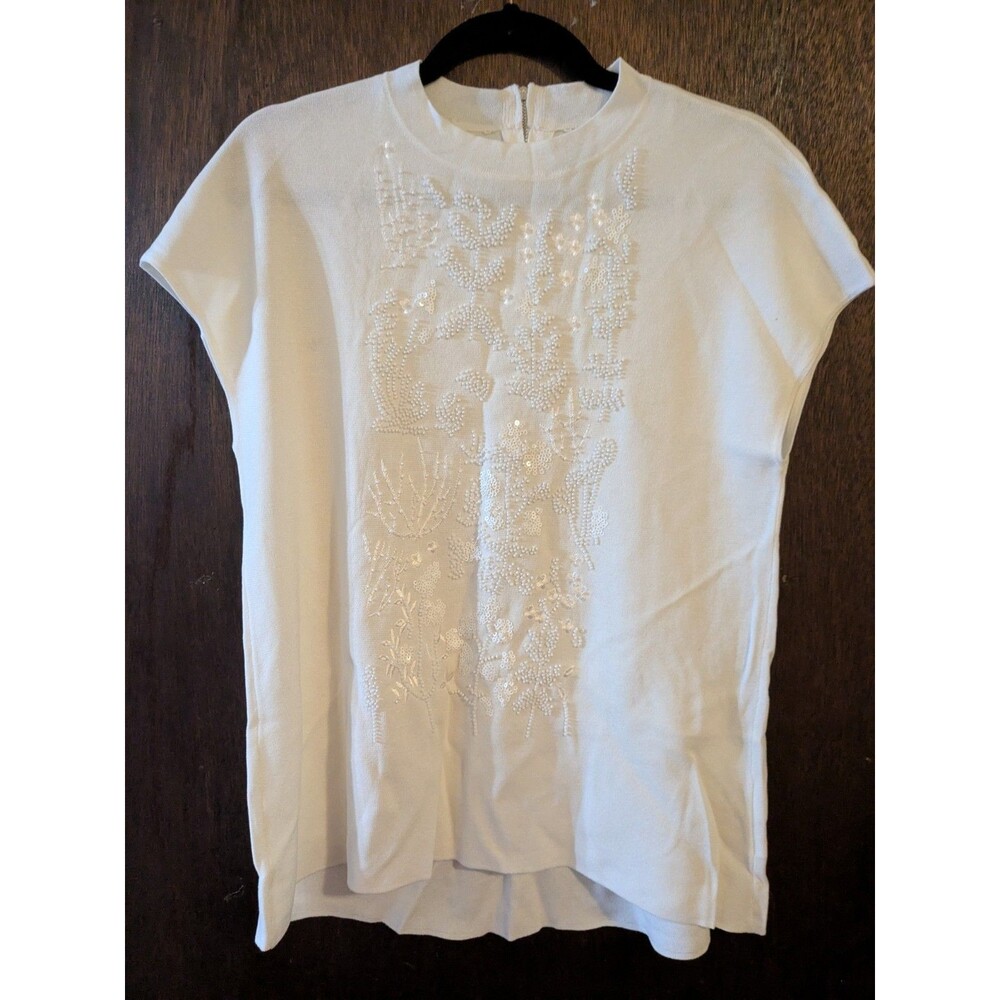 Anne Klein Medium Floral Mock Neck Embellished Shirt Sleeved Sweater